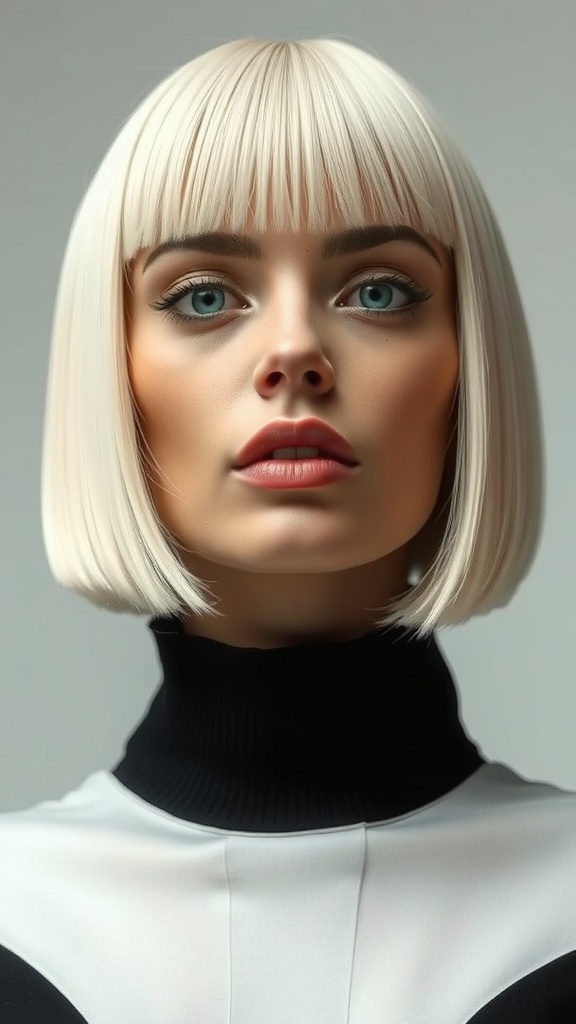 A model with a blunt blonde bob and center part, showcasing a sleek and modern hairstyle.
