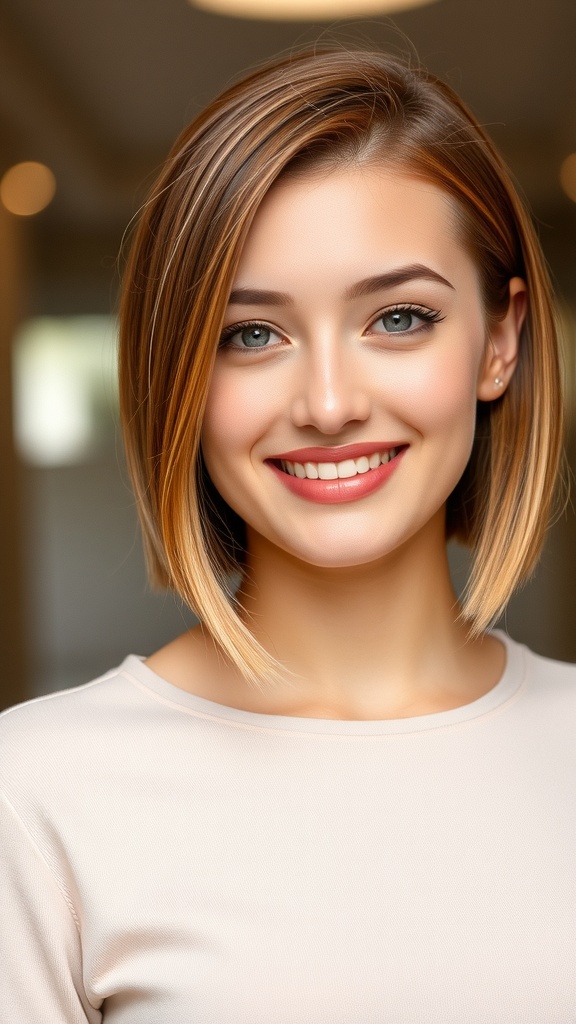 A woman with a blunt bob hairstyle featuring copper hair with blonde highlights, smiling and looking at the camera.