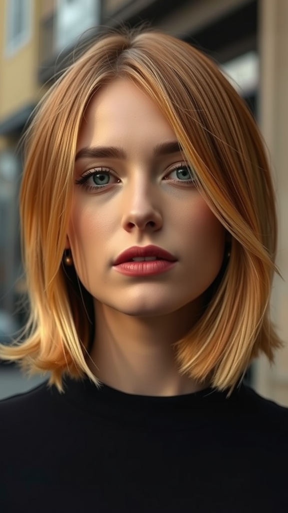 A woman with a blunt bob hairstyle featuring ginger hair with subtle blonde tips.
