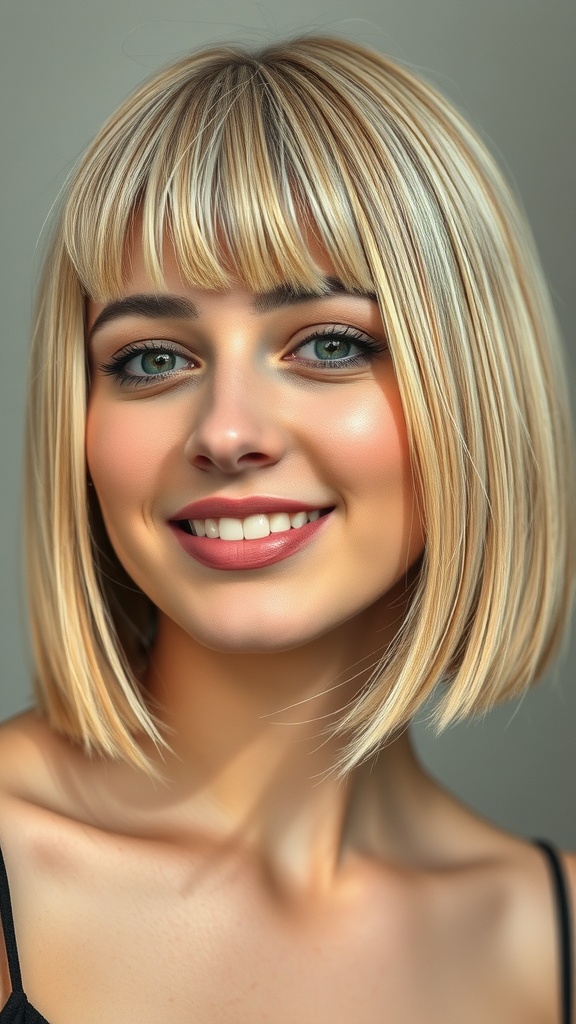 A woman with a blunt bob hairstyle featuring blonde hair with ashy lowlights, smiling at the camera.