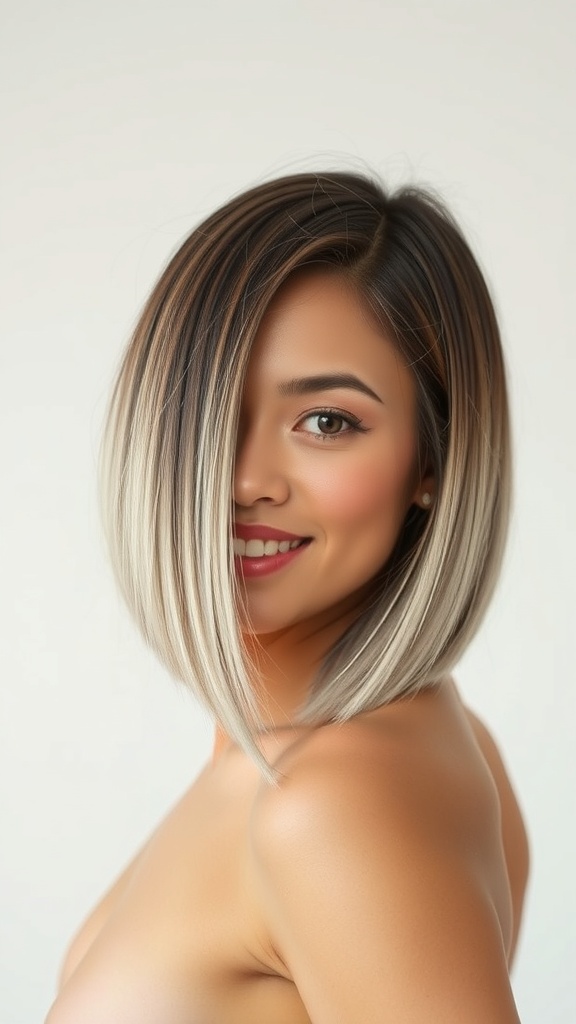 A woman with a blunt bob hairstyle featuring blonde balayage on brown hair, smiling at the camera.