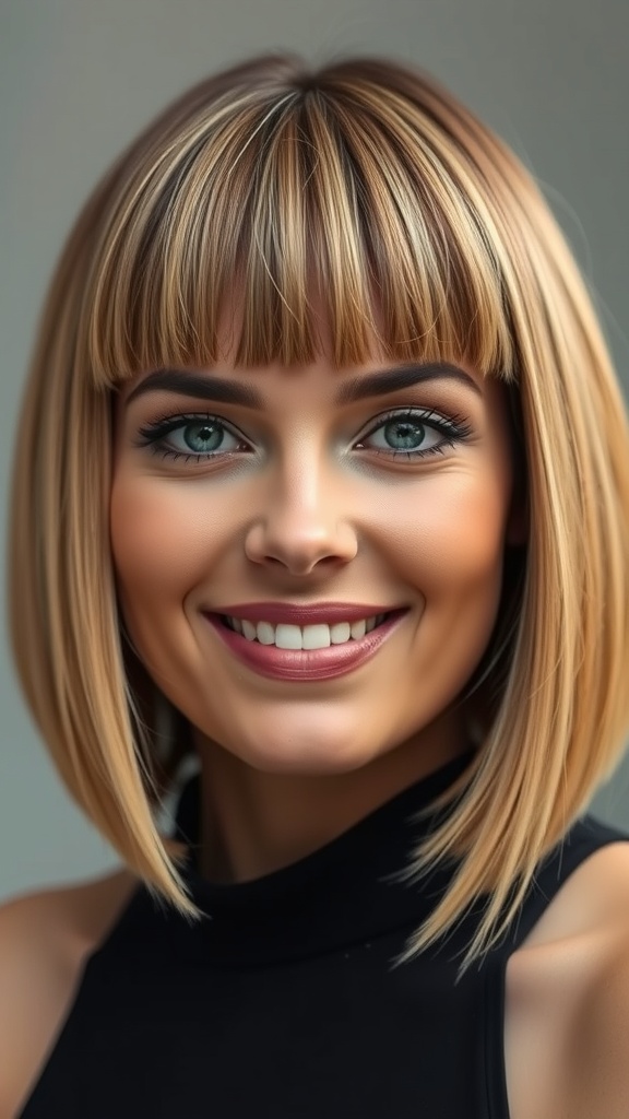 A woman with a blunt bob hairstyle featuring honey blonde highlights, smiling at the camera.