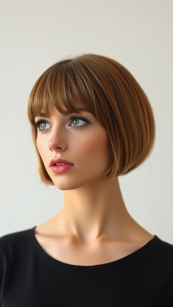 A woman with a blunt bob hairstyle in honey tea brown hair color, showcasing a shiny finish.