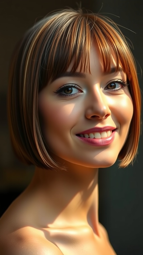 A woman with a blunt brown bob hairstyle featuring mahogany highlights, smiling softly.