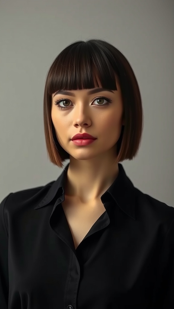 A woman with a blunt cut bob hairstyle, wearing a black shirt, showcasing a polished look.