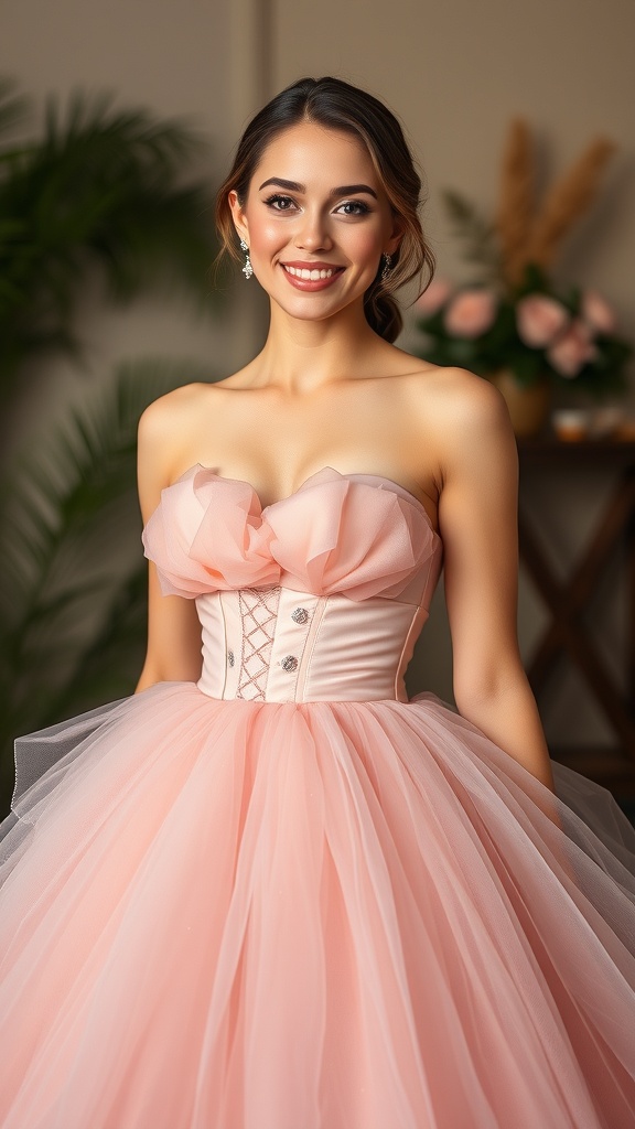 A woman wearing a blush corset ball gown with a tulle skirt, smiling in a stylish setting.