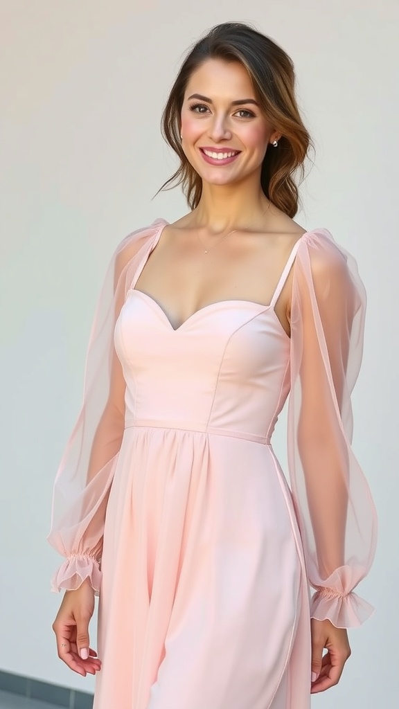 A woman wearing a blush pink long sleeve dress with sheer sleeves, smiling at the camera.