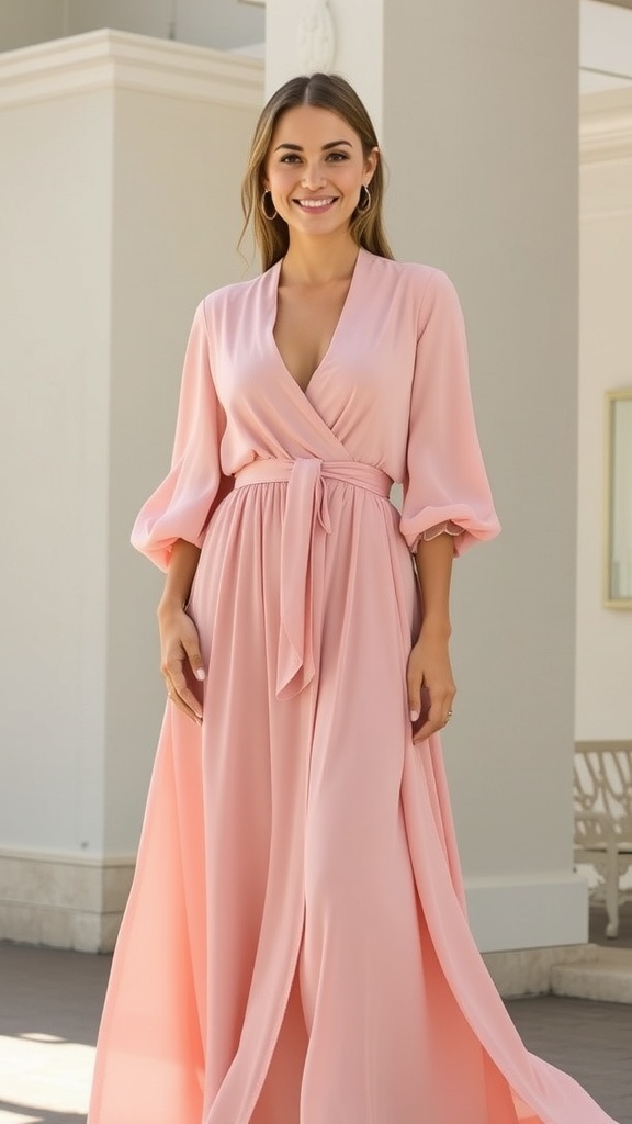 A woman wearing a blush wrap long sleeve maxi dress with balloon sleeves, smiling in a bright setting.