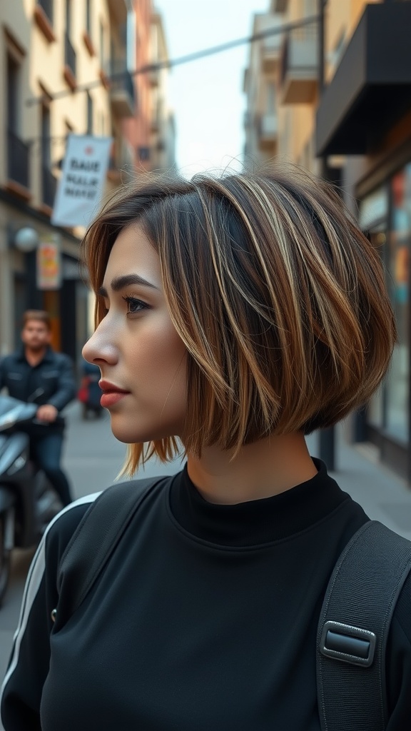 A woman with a stylish bob haircut featuring an edgy undercut, showcasing a chic and timeless look.