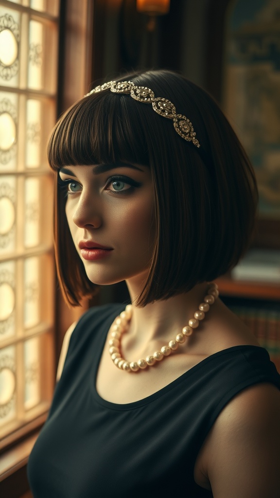 A woman with a sleek bob hairstyle and a decorative flapper headband, looking out a window.