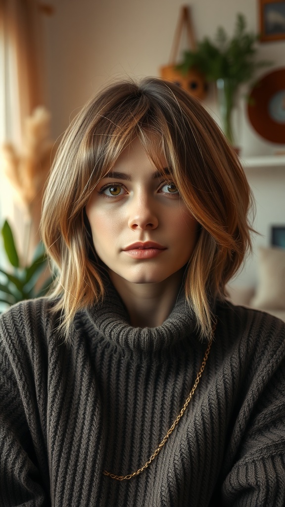 A woman with a soft bob haircut featuring face-framing layers, wearing a cozy sweater.