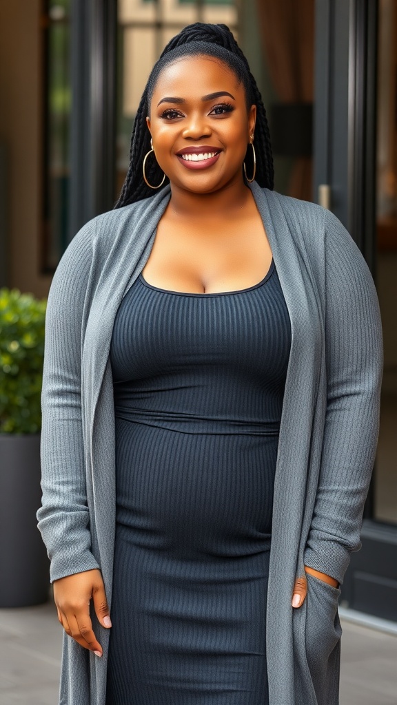 A woman wearing a bodycon dress with a long cardigan, smiling confidently.