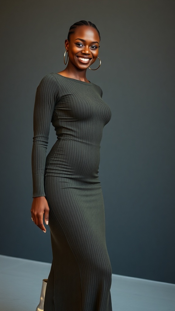 A woman wearing a bodycon maxi dress and metallic shark boots, smiling confidently.