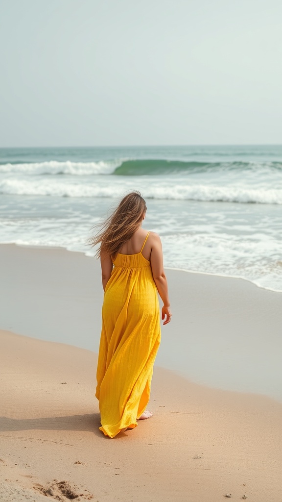 A woman walking along the beach in a flowing butter yellow dress, with waves in the background.