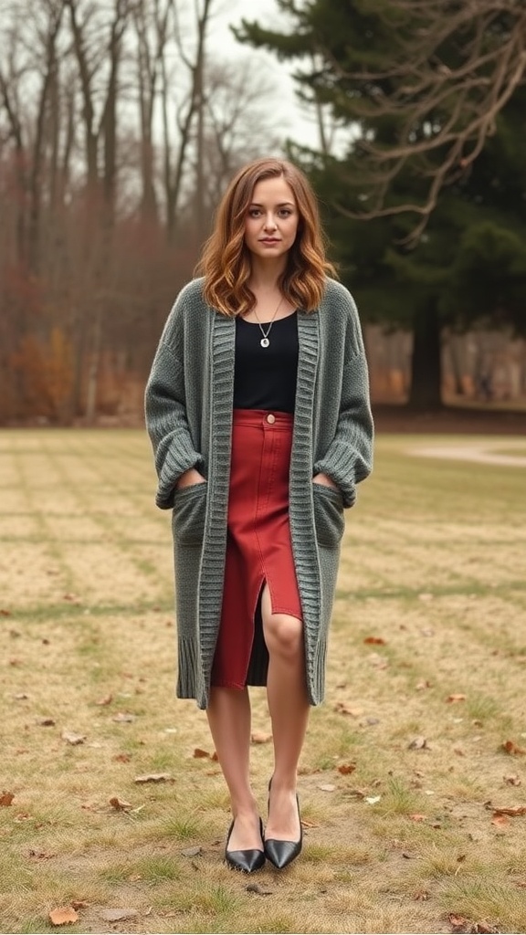 A woman wearing a green maxi cardigan over a red knee-length skirt, standing outdoors.