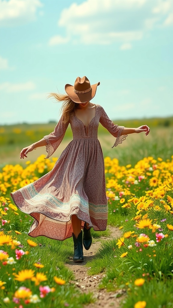 A woman in a bohemian maxi dress and cowboy boots walking through a field of flowers.