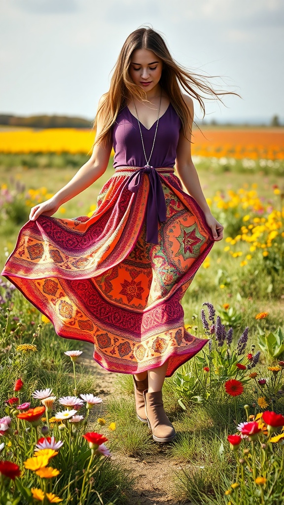 A woman wearing a purple top and a colorful maxi skirt, walking in a flower field with ankle boots.