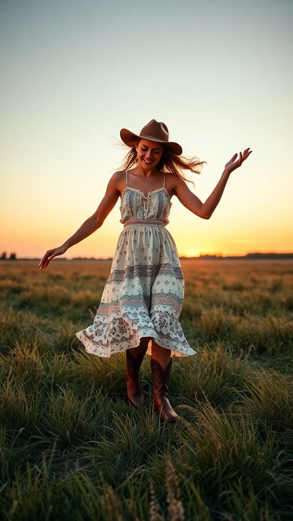 A woman wearing a bohemian sundress and cowboy boots, dancing in a field during sunset.