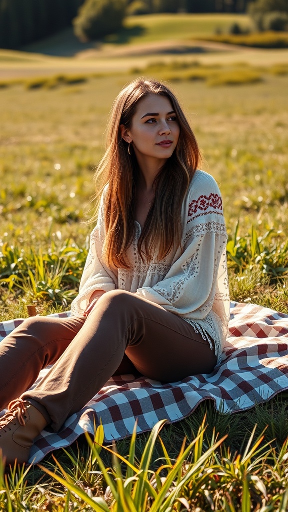 A woman sitting on a picnic blanket in a field, wearing a flowing top and brown jeans, exuding bohemian vibes.
