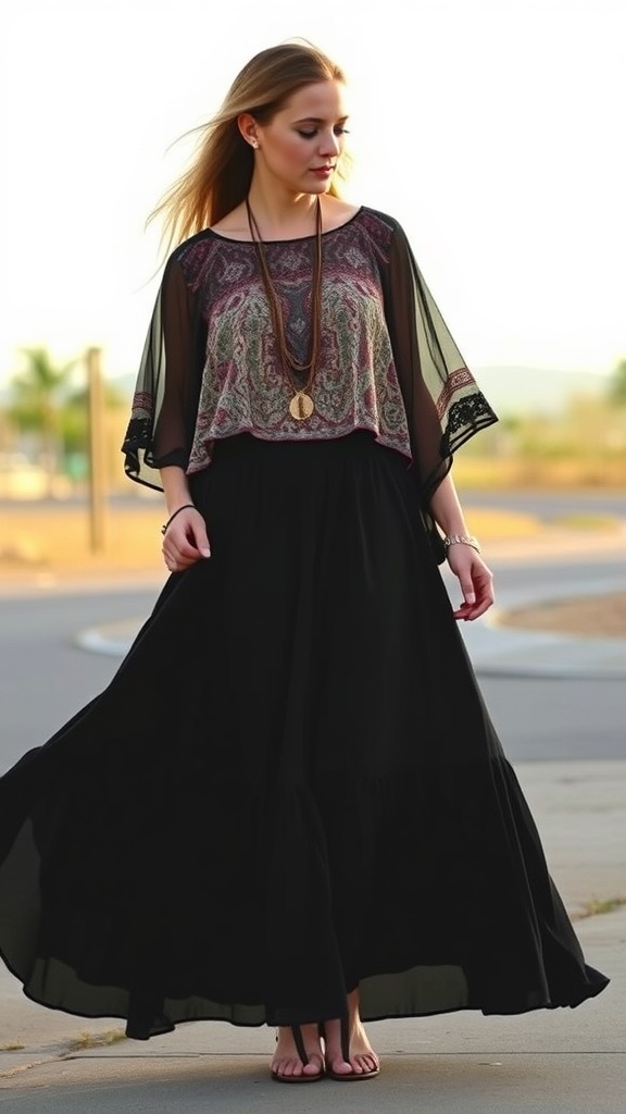 A woman wearing a flowy top and a black maxi skirt, exuding bohemian vibes.