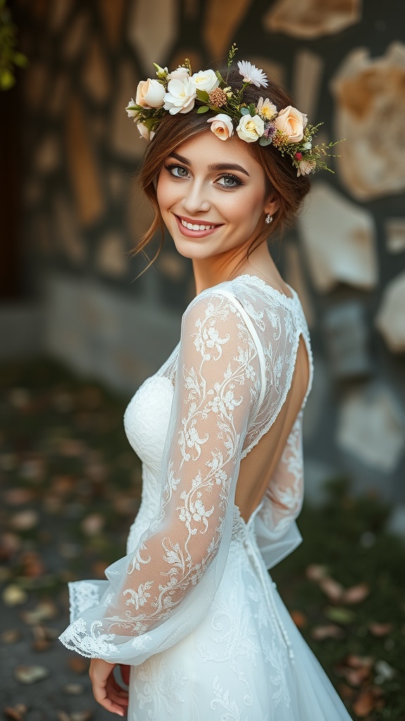 A bride wearing a long sleeve lace wedding dress with an open back, adorned with a floral crown, smiling at the camera.