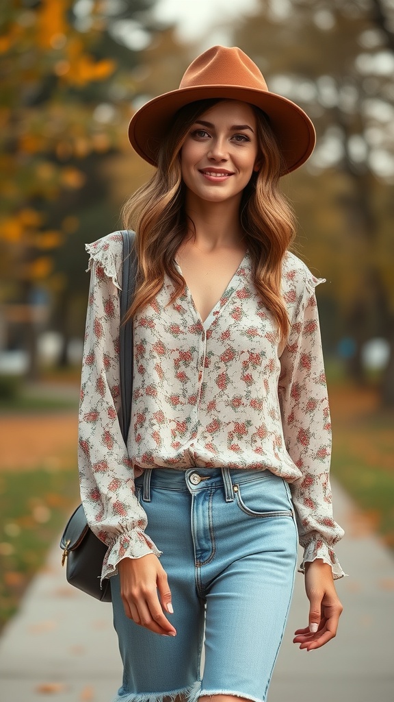 A woman wearing a floral boho blouse and frayed jeans, smiling while walking outdoors in early fall.