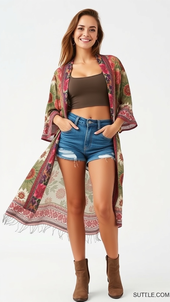 A woman wearing a boho printed kimono over a brown crop top and denim cutoffs, paired with brown ankle boots.