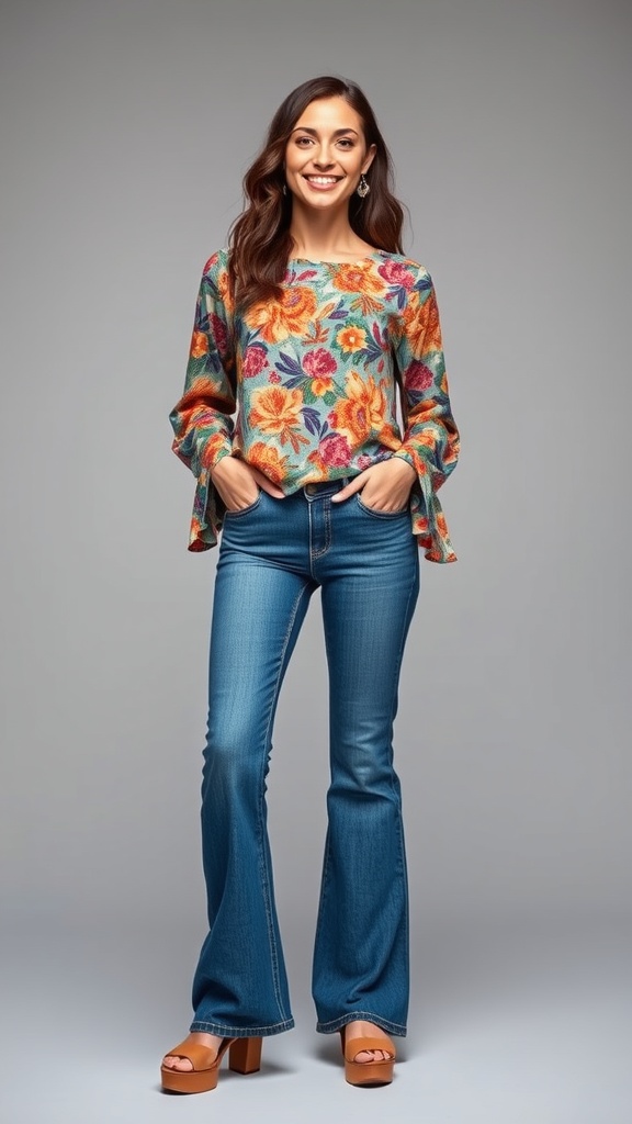 A woman wearing a boho printed long sleeve top with flared jeans, smiling and posing confidently.
