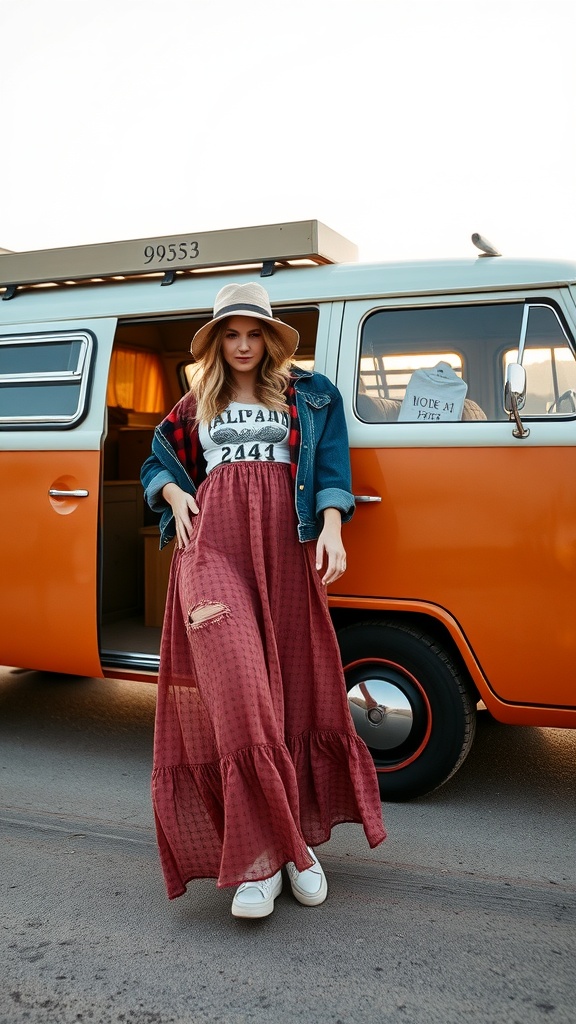 A woman in a flowy maroon maxi dress and denim jacket stands next to a vintage orange van, showcasing a boho style perfect for road trips.