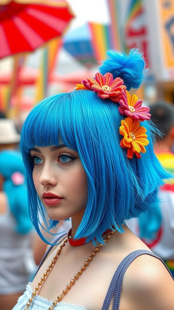 A person with vibrant dark blue hair styled in a bob, adorned with colorful floral accessories.