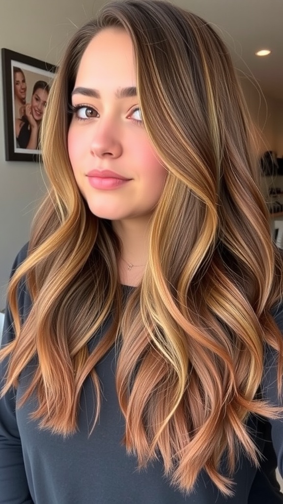 A woman with vibrant color-blocked hair featuring pink, yellow, and blue sections, styled in loose waves with a decorative headband.