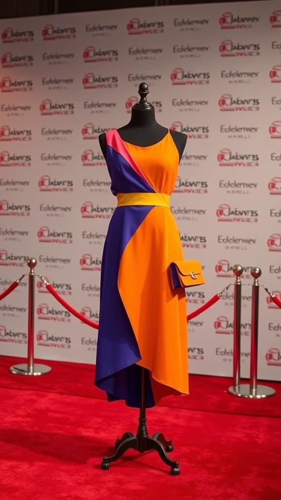 A vibrant color block dress featuring orange, purple, and pink colors, displayed on a mannequin against a red carpet backdrop.