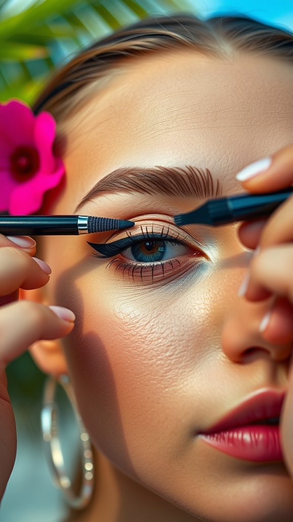 Close-up of a person applying bold eyeliner with a flower in the background