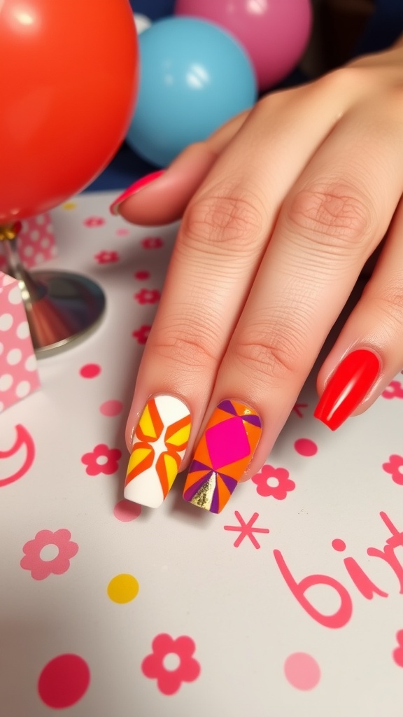 Colorful geometric patterned nails on a birthday celebration backdrop