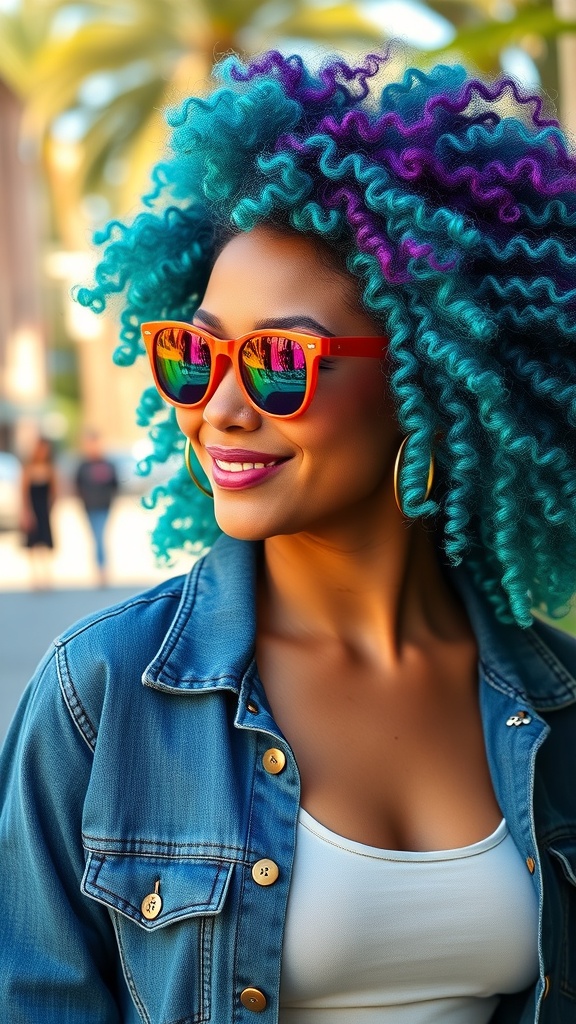 A person with bold green spiral curls and colorful sunglasses, showcasing a vibrant hair look.