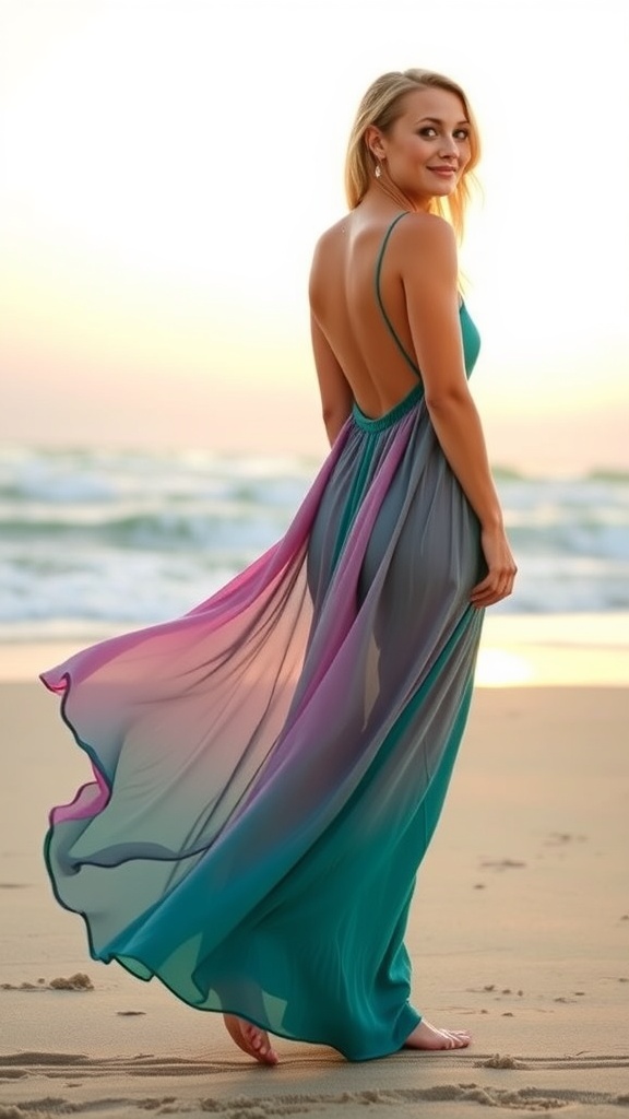 A woman in a bold print midi dress with floral patterns, walking confidently in a vibrant setting with colorful lights.