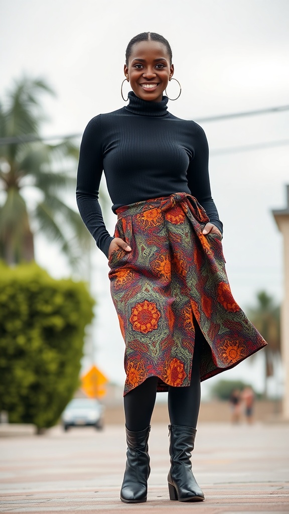 A woman wearing a black turtleneck, bold print skirt, and shark boots, smiling confidently.