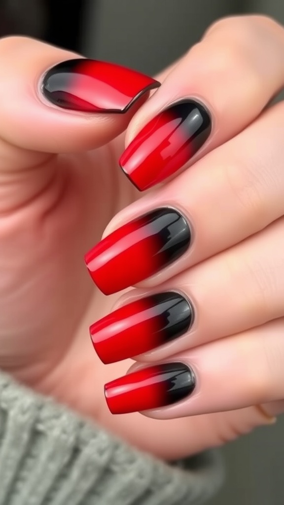 Nails featuring a bold red to black ombre design
