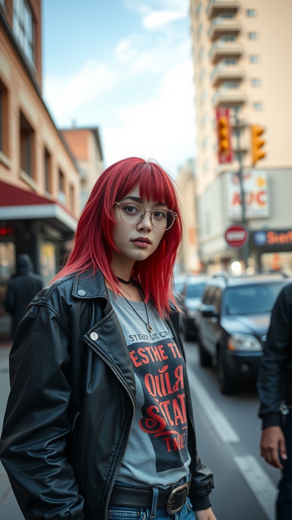 A young woman with bold ruby red hair wearing a leather jacket and glasses, standing in an urban setting.