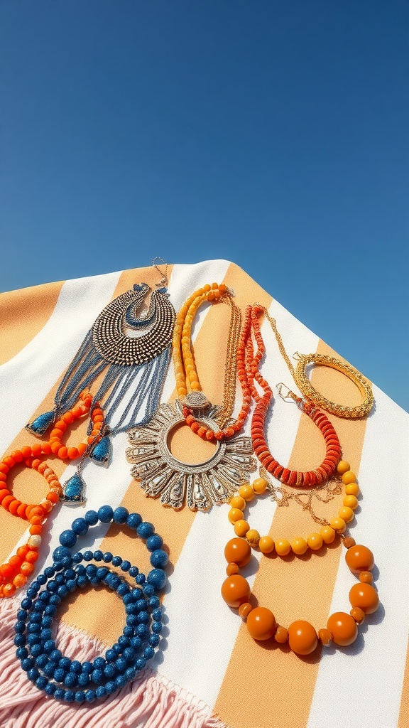A collection of colorful statement jewelry on a striped fabric background, perfect for summer outfits.