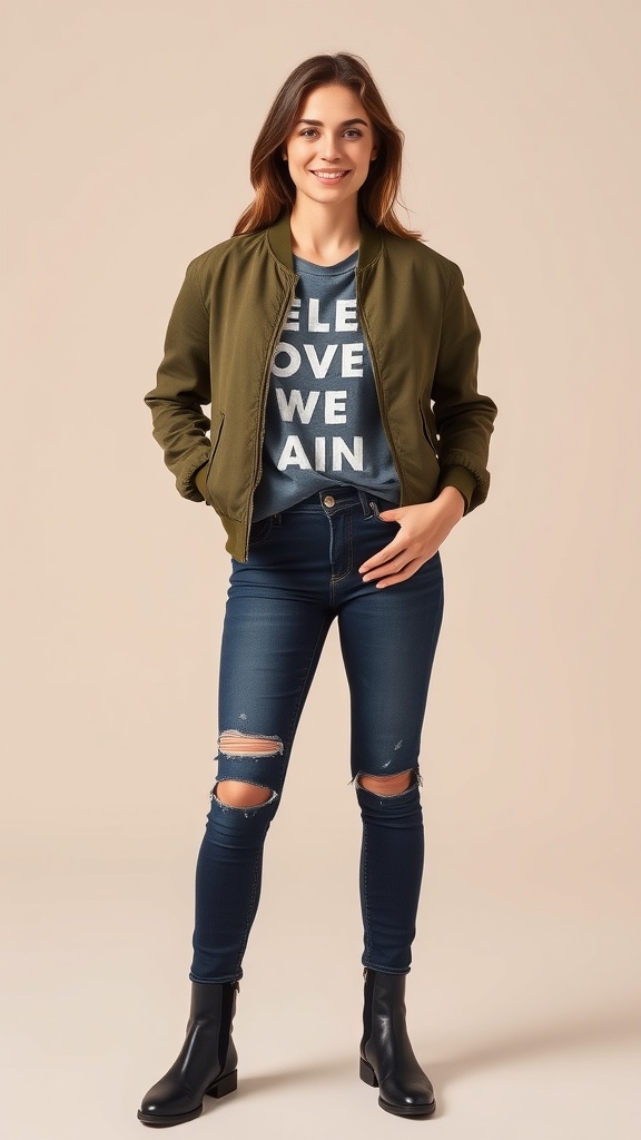 A woman wearing a bomber jacket over a graphic tee and distressed jeans, smiling at the camera.