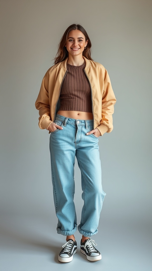 A woman wearing a bomber jacket, ribbed top, and baggy jeans, smiling at the camera.
