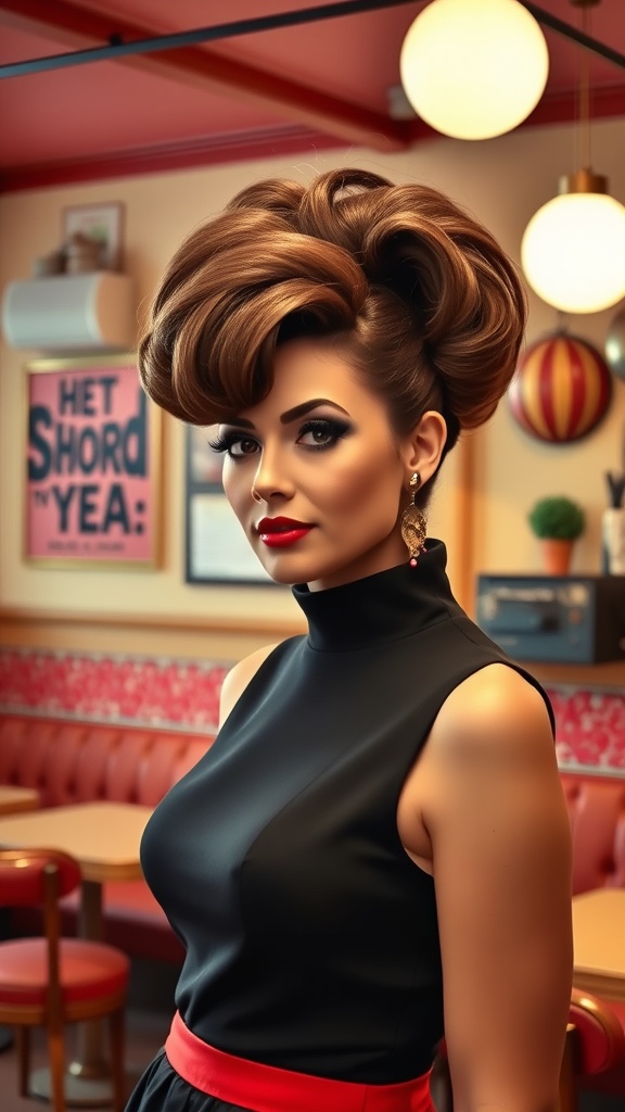 A woman with a voluminous bouffant hairstyle, wearing a black dress and red lipstick, set in a vintage diner.