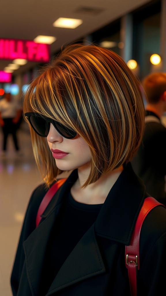 A woman with a bouncy bob hairstyle featuring highlights, wearing sunglasses, in a modern setting.