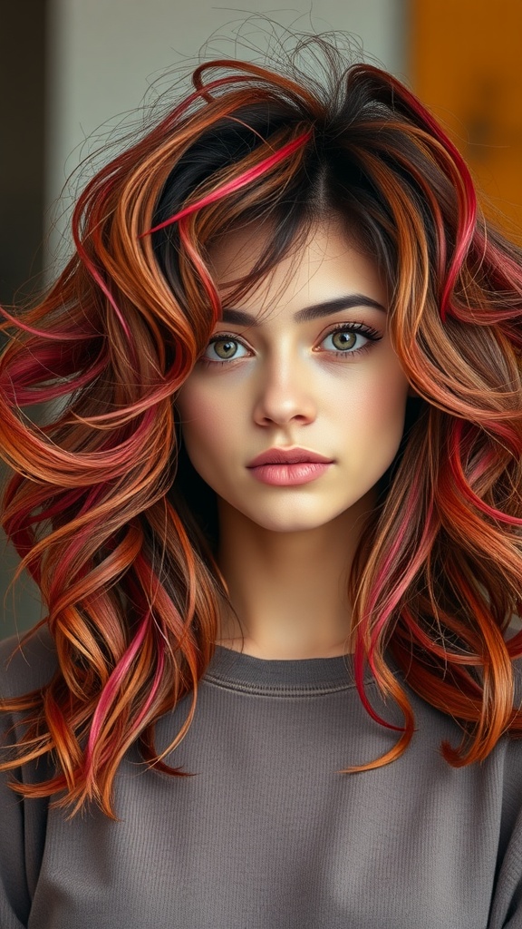 A person with bouncy layered hair styled in a middle part, featuring vibrant colors and soft waves.