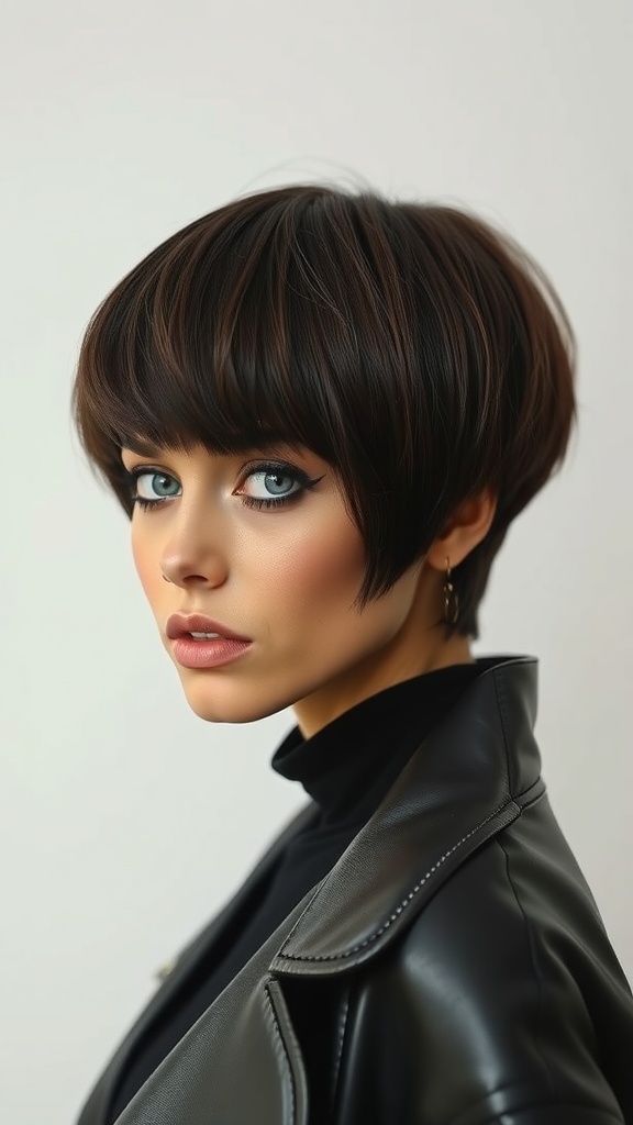 A stylish woman with a bowl-cut pixie hairstyle, wearing a black leather jacket.