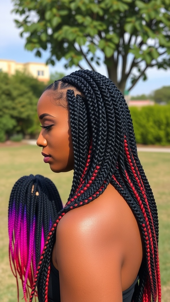 A woman with long box braids featuring an ombre effect, transitioning from black to red, standing outdoors.