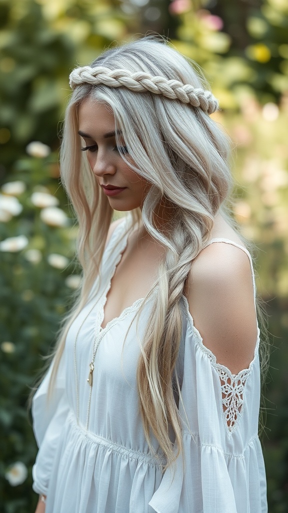 A woman with silver blonde hair styled in a braided crown, wearing a white dress in a garden setting.