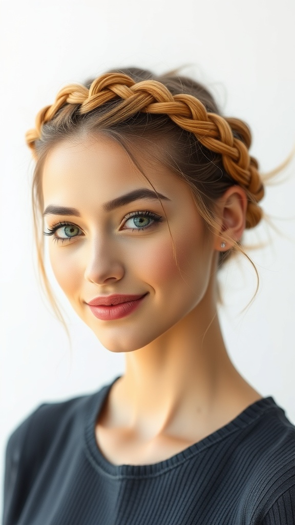 A woman with braided crown hairstyle featuring copper hair with blonde highlights.