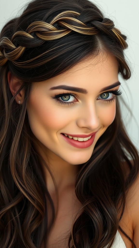 A woman with dark hair styled in a braided crown, featuring caramel blonde highlights.
